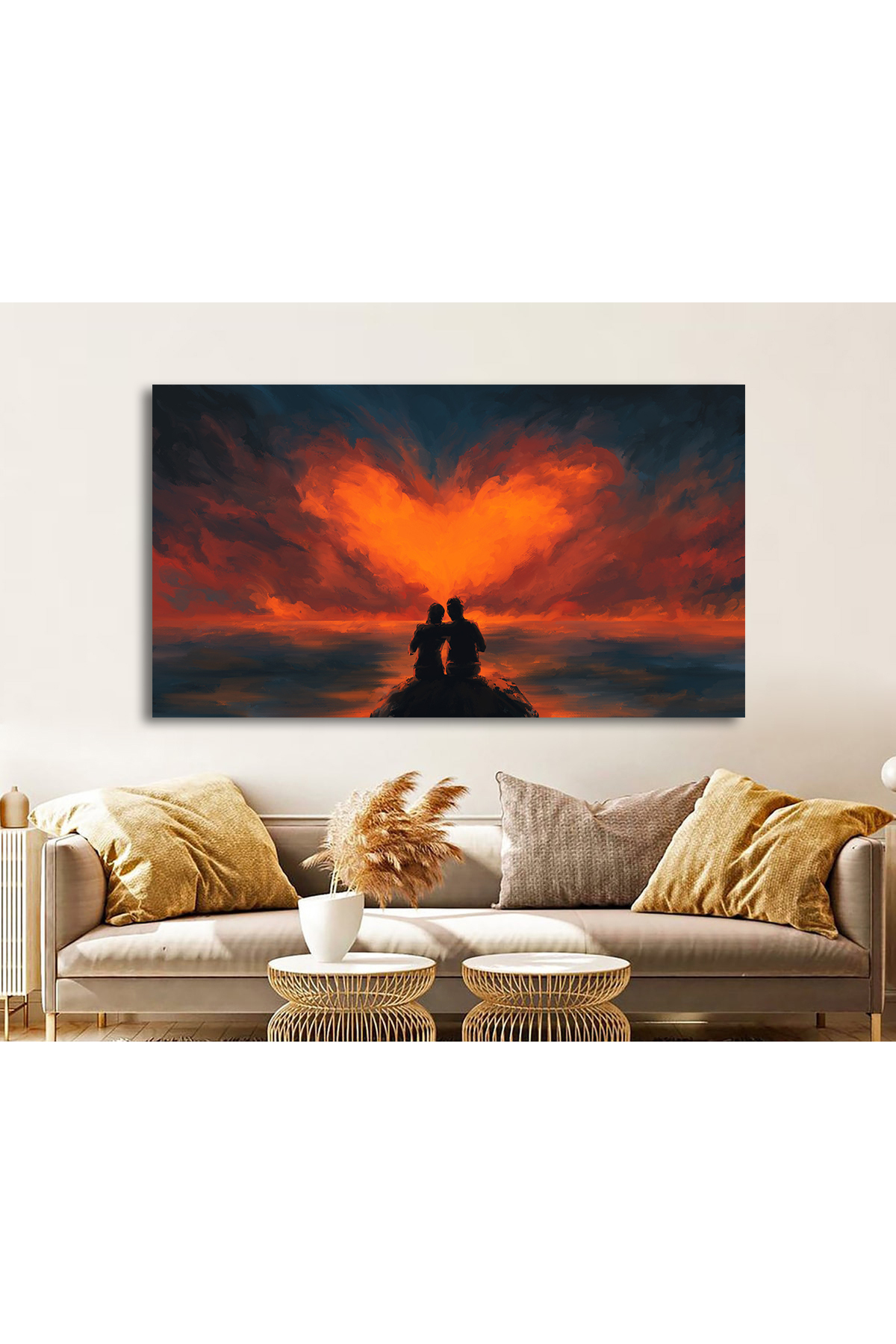 Korkmazkanvas Kalp Şeklinde Bulutlara Bakan Çiftin Sahnesi. Kanvas Tablo