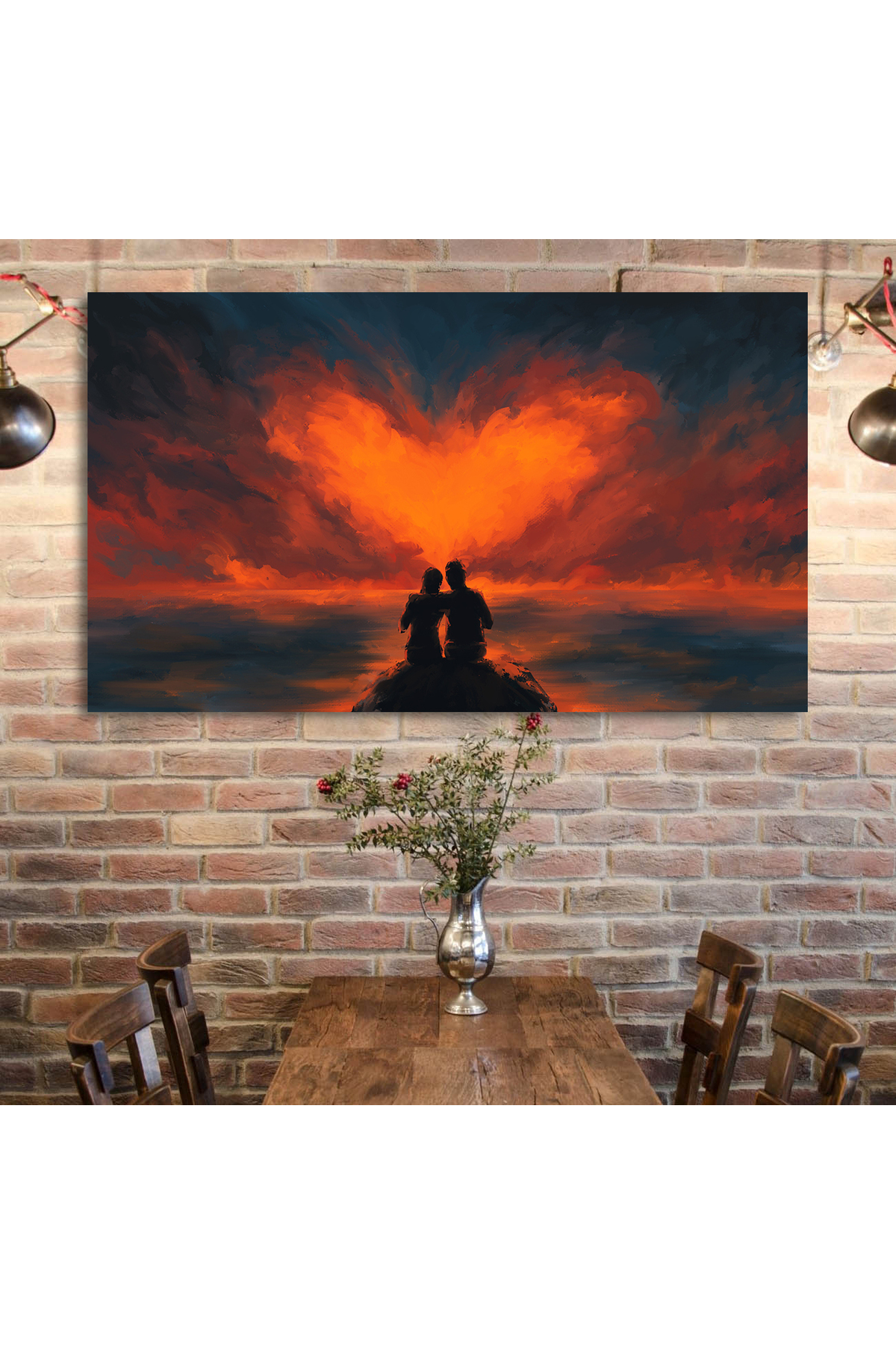 Korkmazkanvas Kalp Şeklinde Bulutlara Bakan Çiftin Sahnesi. Kanvas Tablo