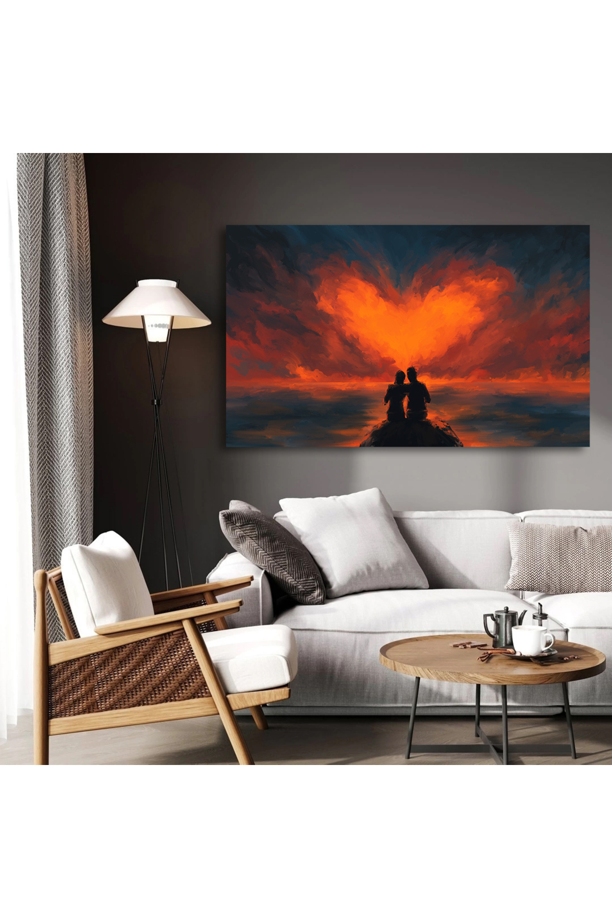 Korkmazkanvas Kalp Şeklinde Bulutlara Bakan Çiftin Sahnesi. Kanvas Tablo