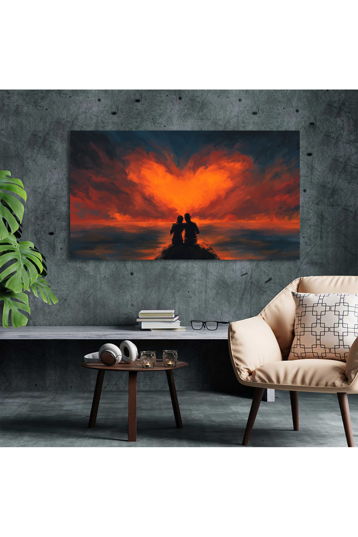 Korkmazkanvas Kalp Şeklinde Bulutlara Bakan Çiftin Sahnesi. Kanvas Tablo