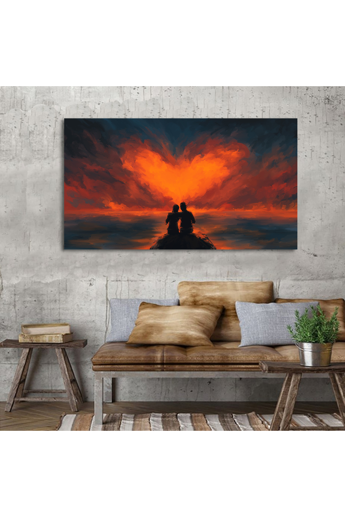 Korkmazkanvas Kalp Şeklinde Bulutlara Bakan Çiftin Sahnesi. Kanvas Tablo