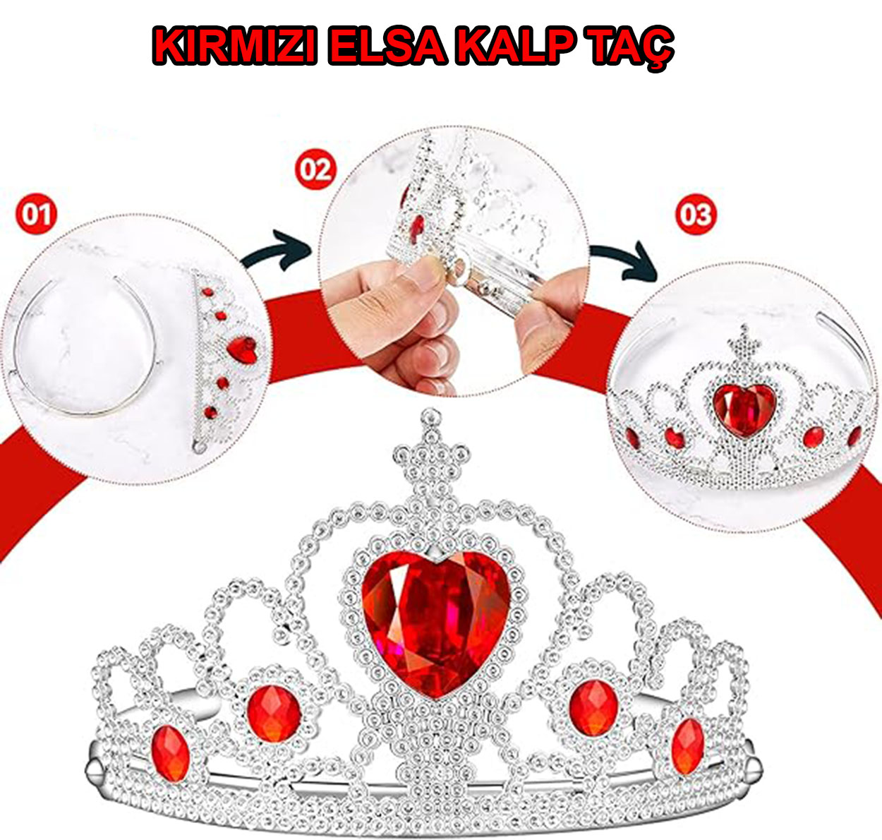 Kalp Taşlı Kırmızı Renk Karlar Ülkesi Elsa Anna Frozen Tacı