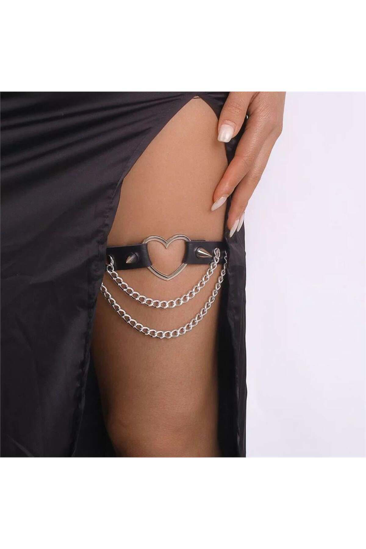 Kalp Tokalı İkili Zincirli Siyah Punk Deri Bacak Choker
