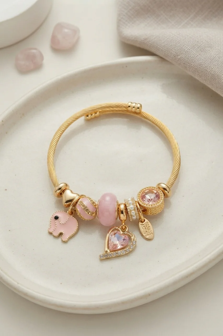 Kalp Ve Fil Model Pembe Charmlı Bileklik - Lisinya Diğer