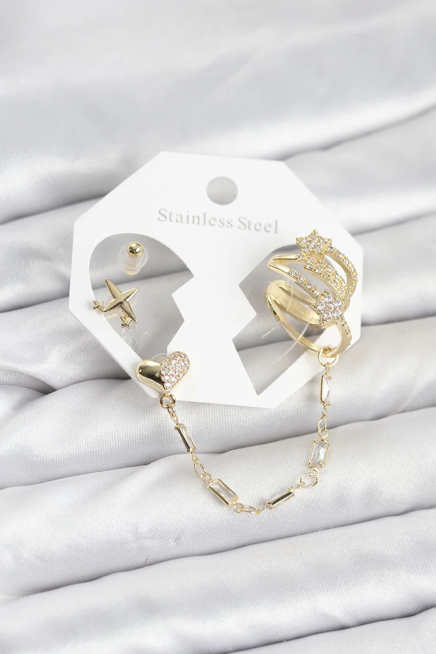 Kalp Yıldız Model Pirinç Gold Renk Zincir Bağlantılı Ear Cuff Küpe Seti Tj-bkp11547 Diğer