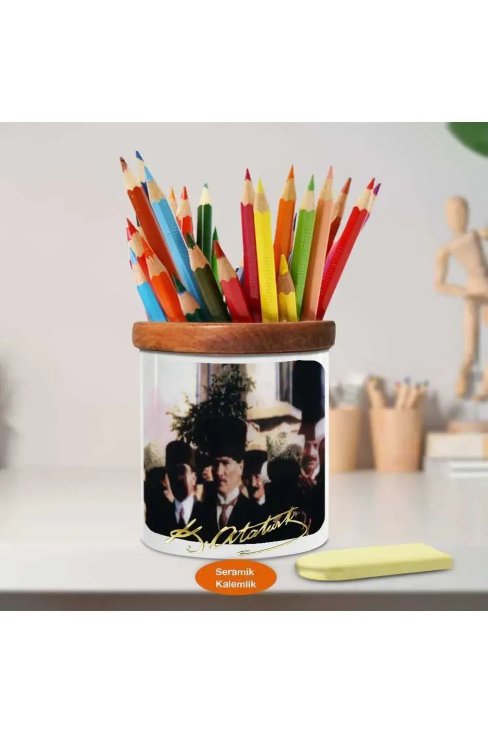 Kalpaklı Gazi Mustafa Kemal Atatürk Ahşap Seramik Kalemlik-ata_33