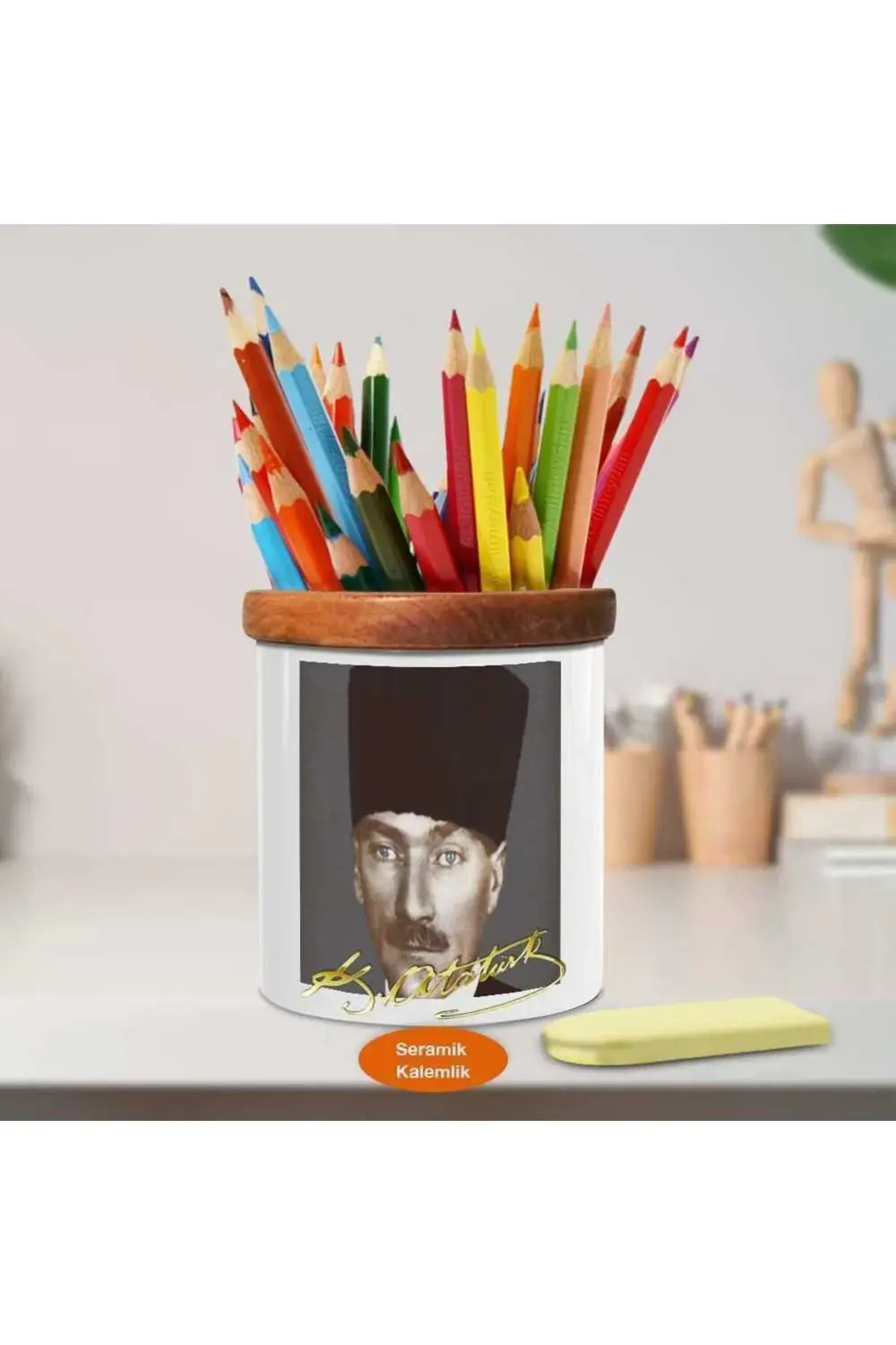Kalpaklı Gazi Mustafa Kemal Atatürk Ahşap Seramik Kalemlik -10 (1