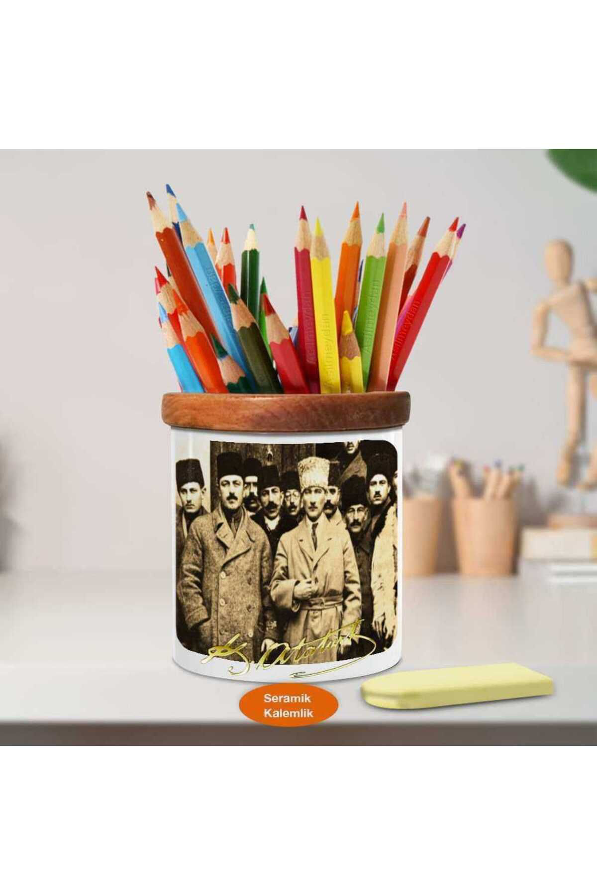 Asilmeydan Kalpaklı Mustafa Kemal Atatürk Ahşap Seramik Kalemlik -S354