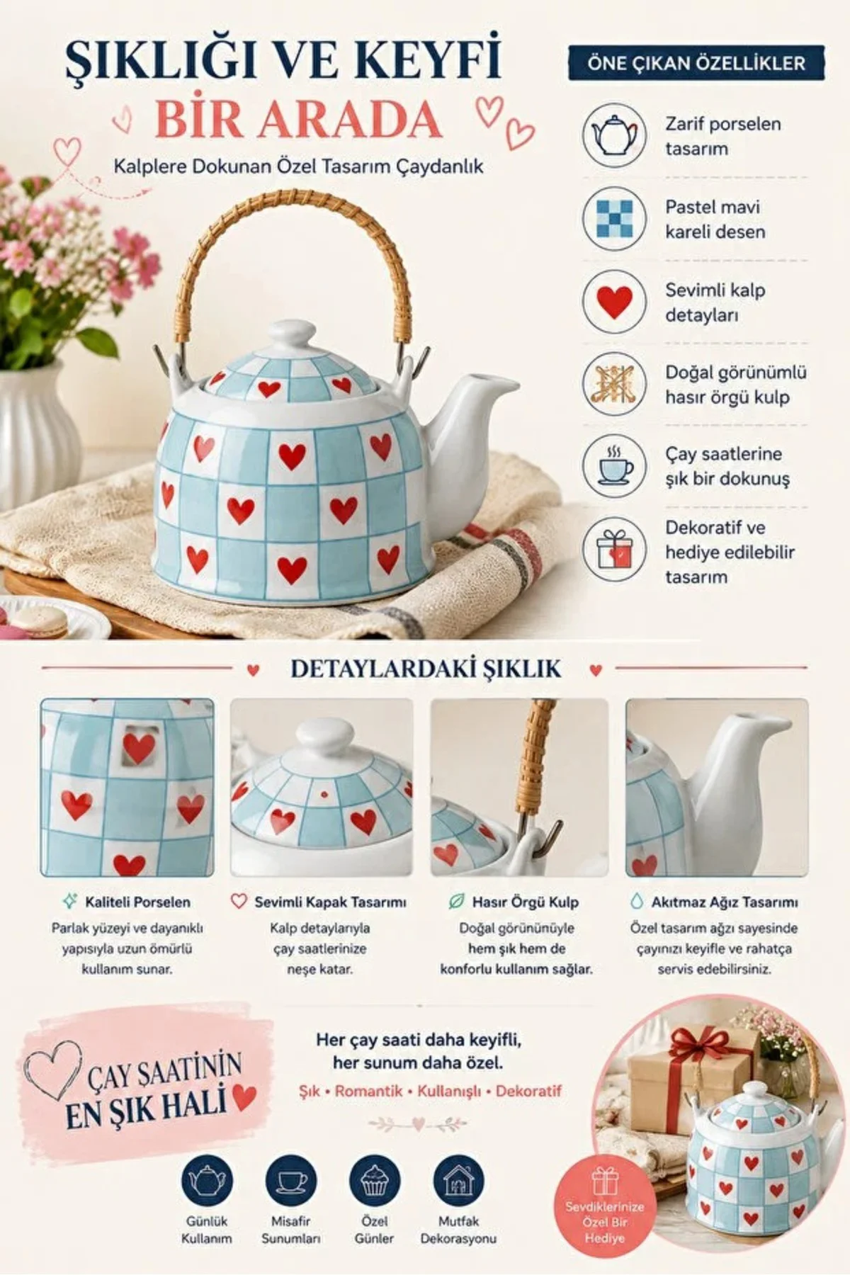 Kalpli Emaye Kettle Çaydanlık | Ahşap Saplı Şık Tasarım | 2.5L Retro Çaydanlık | Dekoratif & Dayanıklı