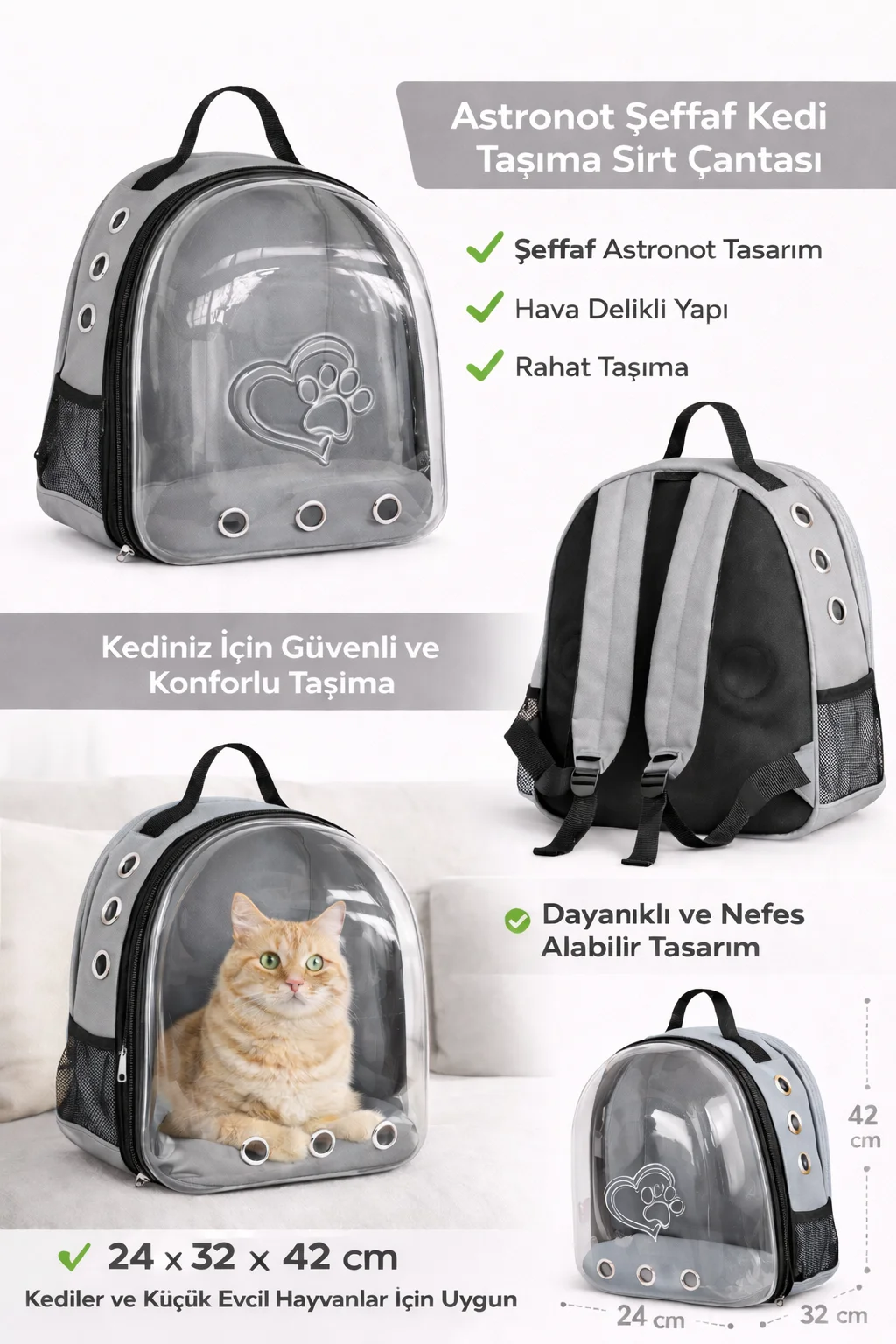 Kalpli Patili Astronot Şeffaf Taşıma Sırt Çantası Gri 24x32x42 cm