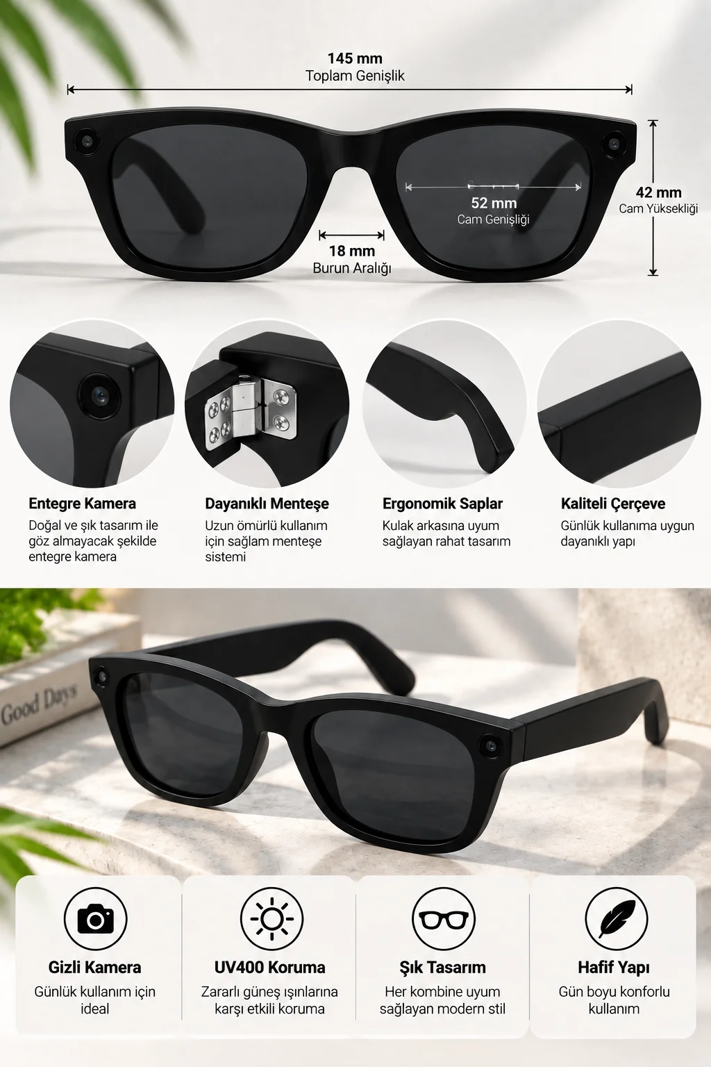 Kameralı Akıllı Gözlük Smart Glasses Güneş Gözlüğü Modern Siyah
