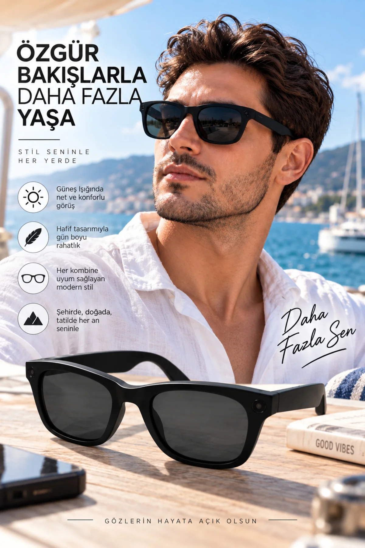Kameralı Akıllı Güneş Gözlüğü Smart Glasses Anı Kaydetme Kameralı Akıllı Güneş Gözlüğü Smart Glasses Anı Kaydetme