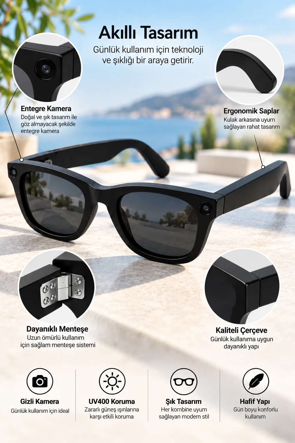 Kameralı Akıllı Güneş Gözlüğü Smart Glasses Siyah Şık Tasarım