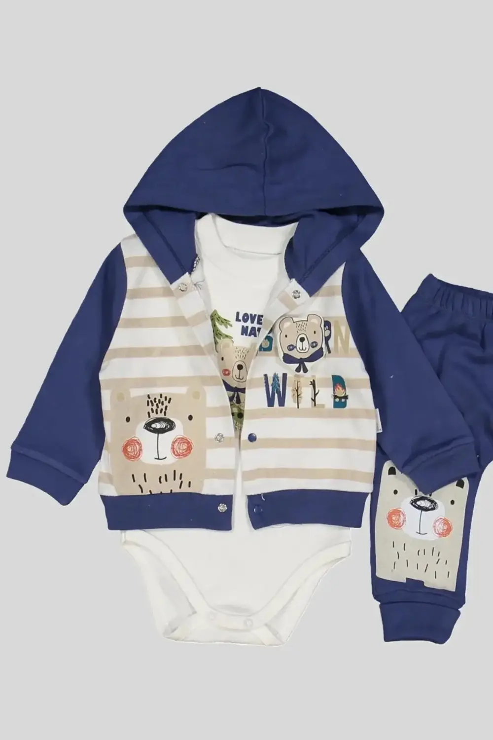 Kamp Desenli Kapüşonlu % 100 Pamuk Erkek Bebek Takımı