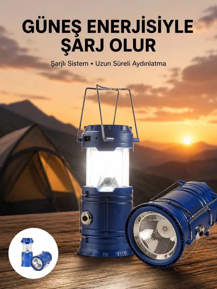 Kamp Feneri Şarj Edilebilir Güneş Enerjili Işıldak USB Şarjlı