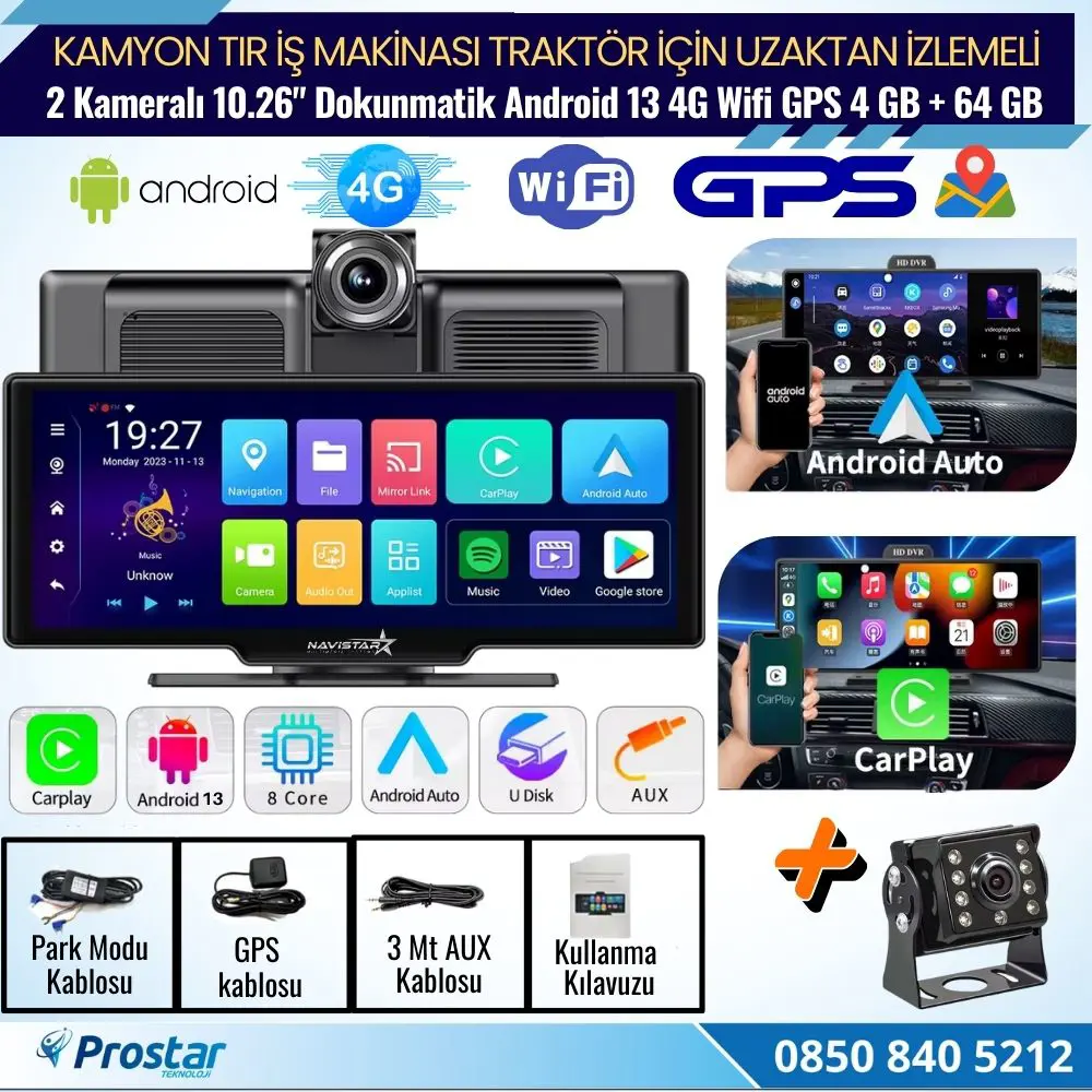 Kamyon Tır için Kayıtlı 2 Kameralı Android 13 WIFI GPS 4G Uzaktan