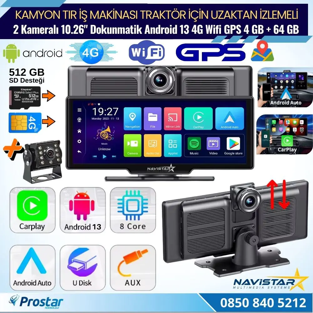 Kamyon Tır için Kayıtlı 2 Kameralı Android 13 WIFI GPS 4G Uzaktan