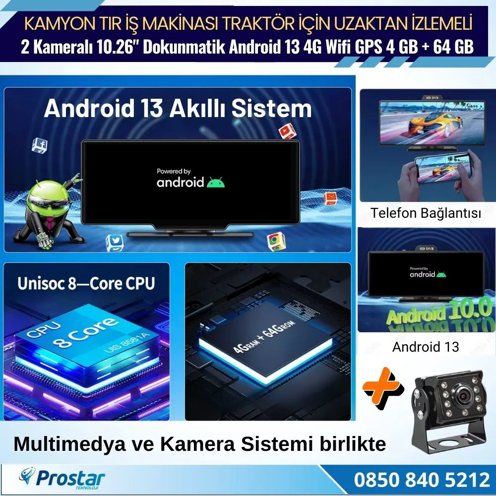 Kamyon Tır için Kayıtlı 2 Kameralı Android 13 WIFI GPS 4G Uzaktan