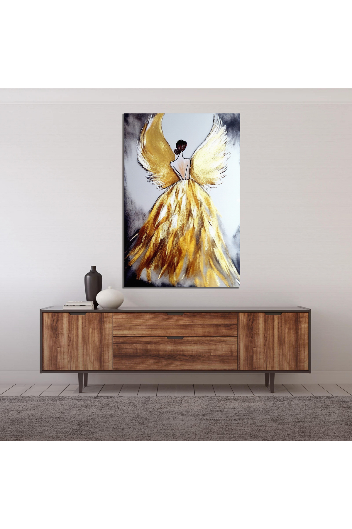 Korkmazkanvas Kanat, Kadın, Melek , Altın Doku. Serbest Yağlı Boya. Kanvas Tabl