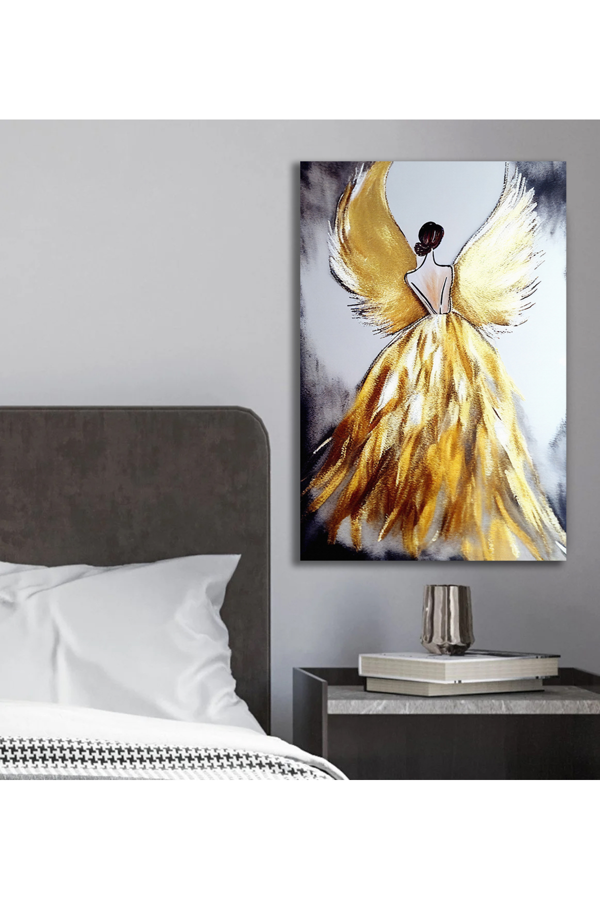 Korkmazkanvas Kanat, Kadın, Melek , Altın Doku. Serbest Yağlı Boya. Kanvas Tabl