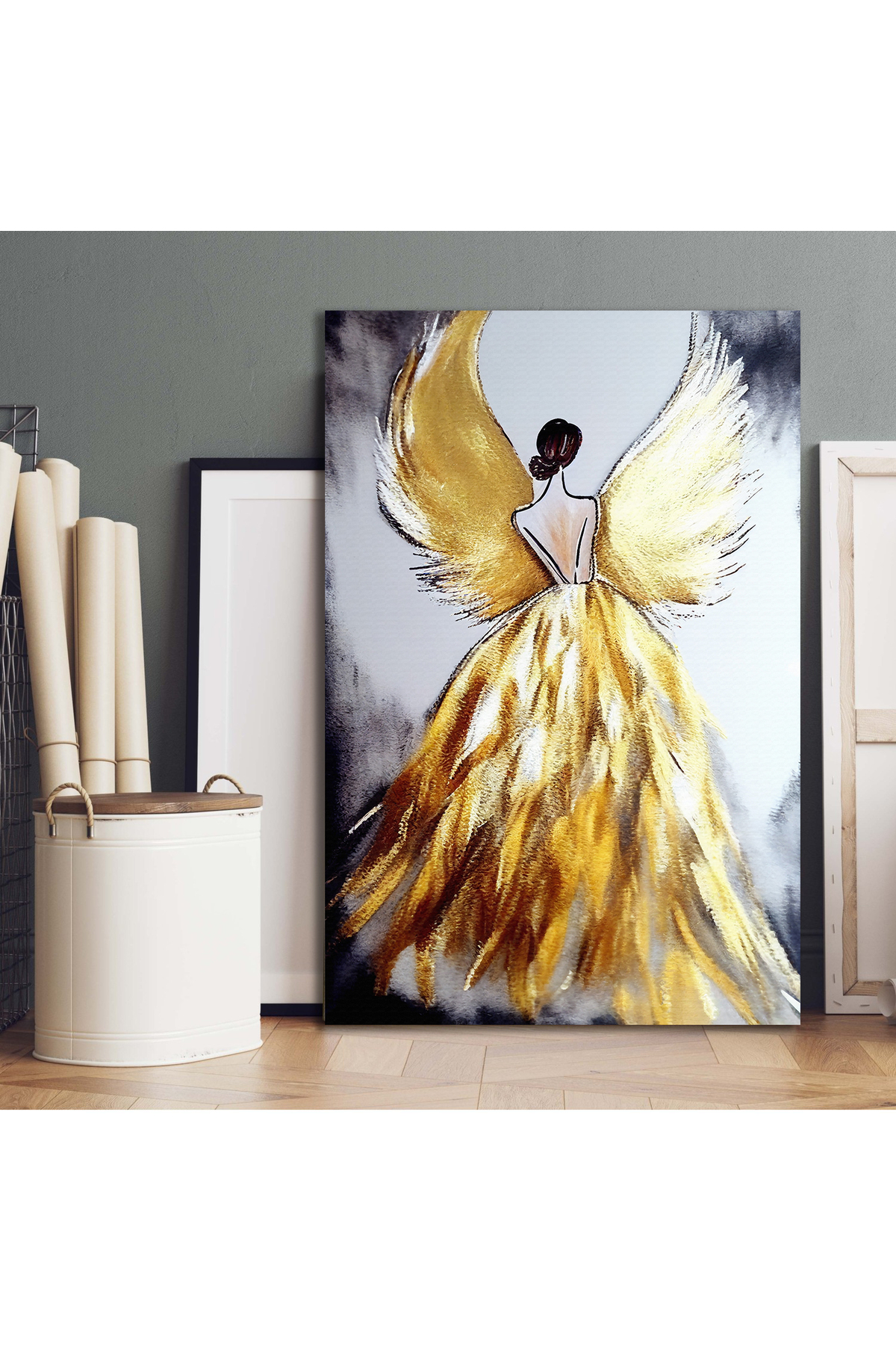 Korkmazkanvas Kanat, Kadın, Melek , Altın Doku. Serbest Yağlı Boya. Kanvas Tabl