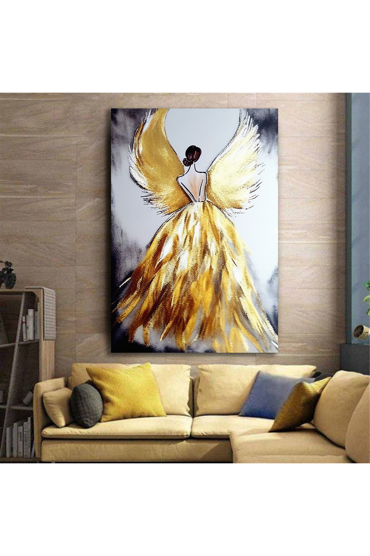 Korkmazkanvas Kanat, Kadın, Melek , Altın Doku. Serbest Yağlı Boya. Kanvas Tabl