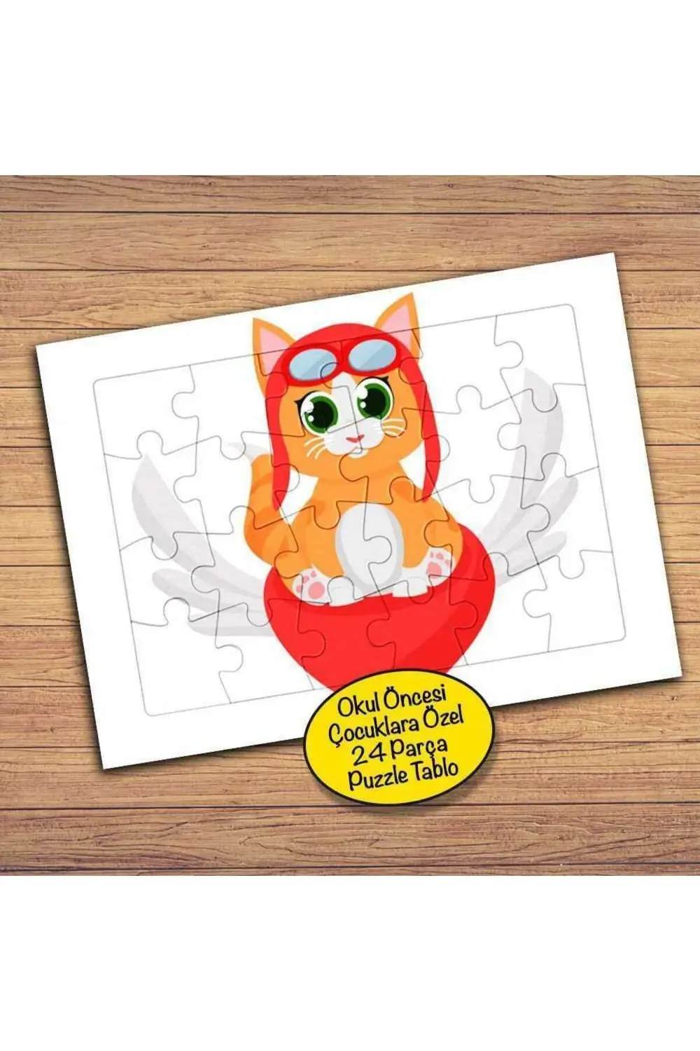 Kanatlı Kalp Üzerinde Kedicik Çocuklara Özel Puzzle Yapboz Tablo-