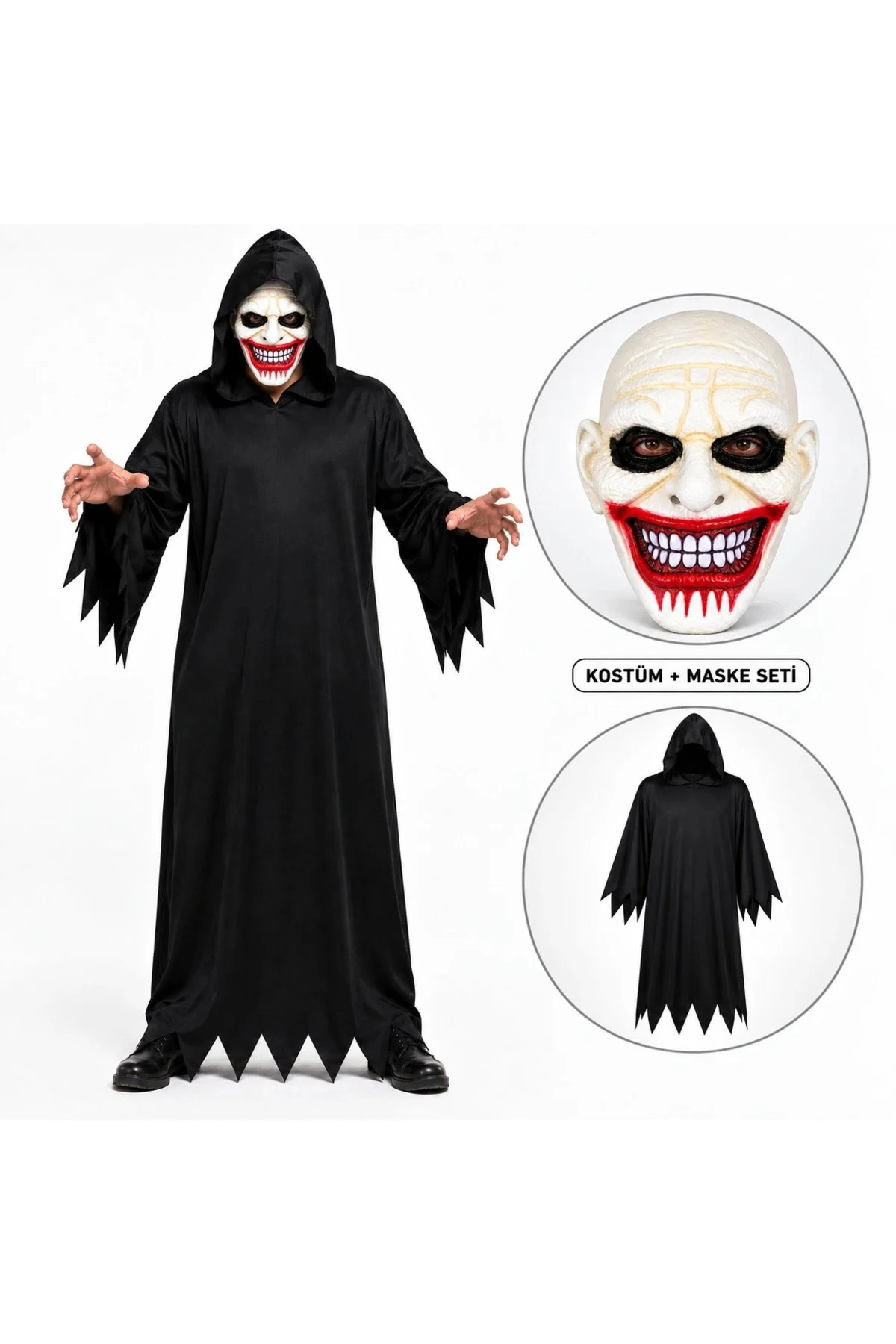 Kanlı Gülüş Maskeli Siyah Kapüşonlu Kostüm Seti 140 Cm Kanlı Gülüş Maskeli Siyah Kapüşonlu Kostüm Seti 140 Cm