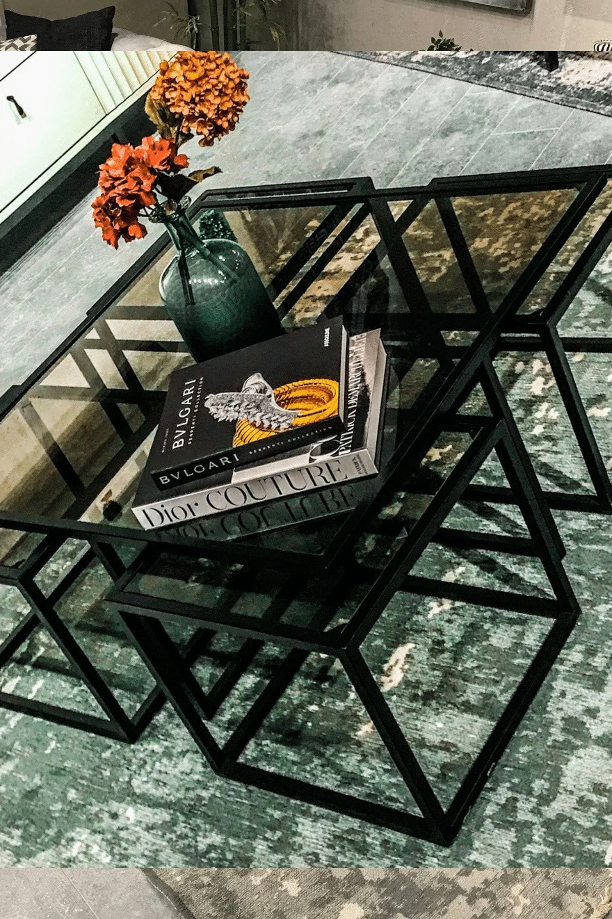 Kante Kante Siyah Fırın Boya 5'li Sehpa Seti