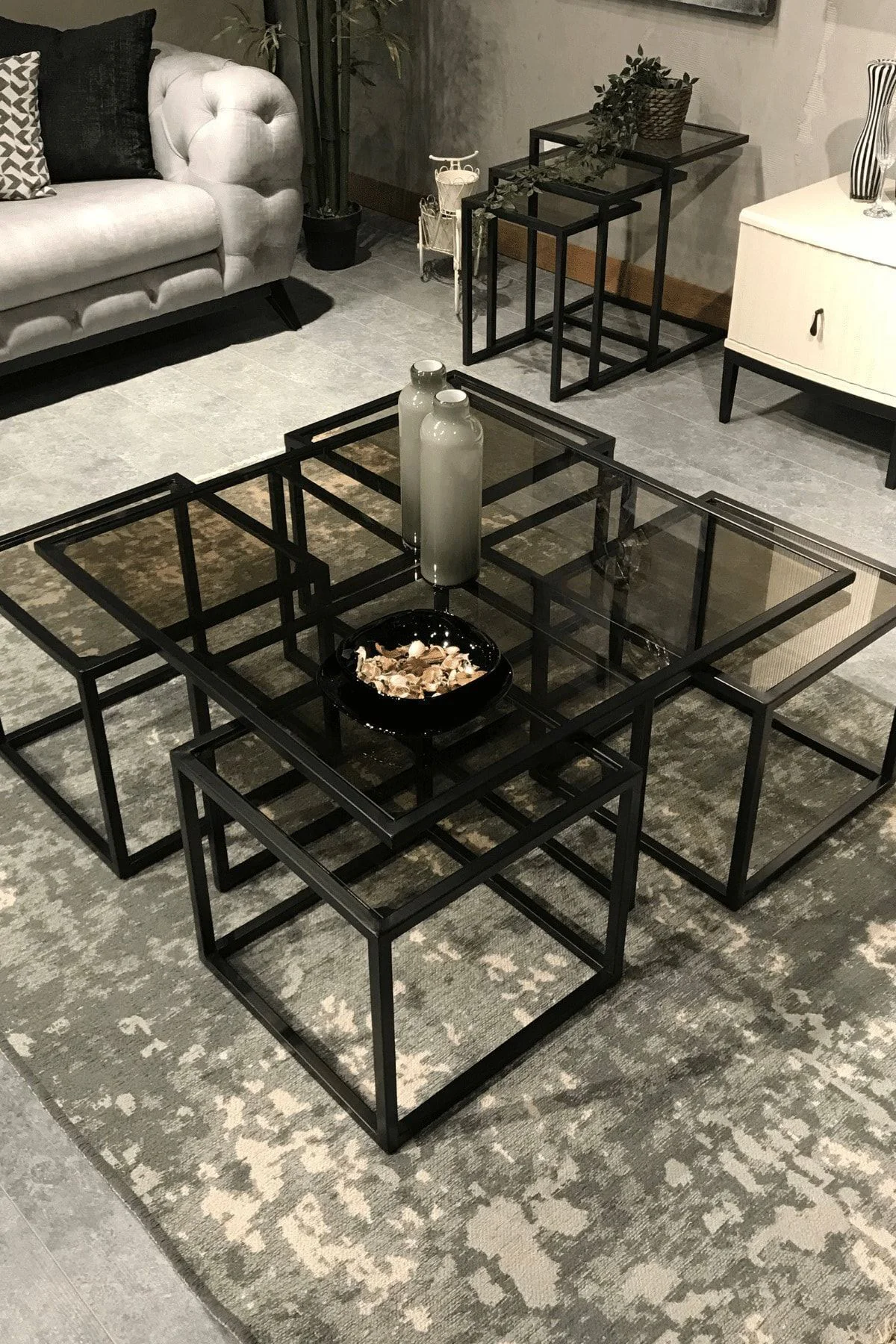 Kante Kante Siyah Fırın Boya 5'li Sehpa Seti