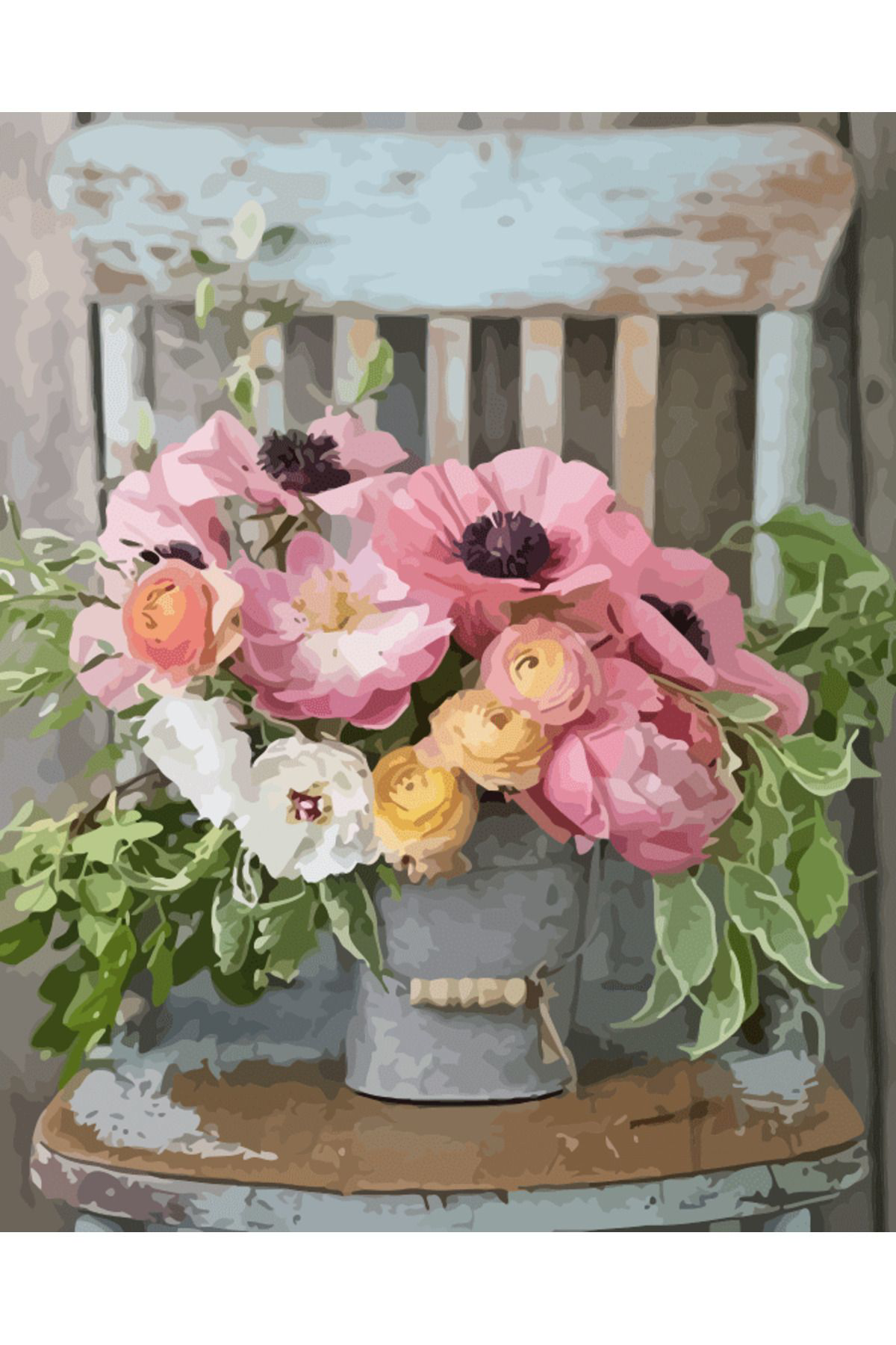 Livelyelegance Kanvas Sandalyedeki Çiçekler Sayılarla Boyama Seti Kasnaklı 50X65