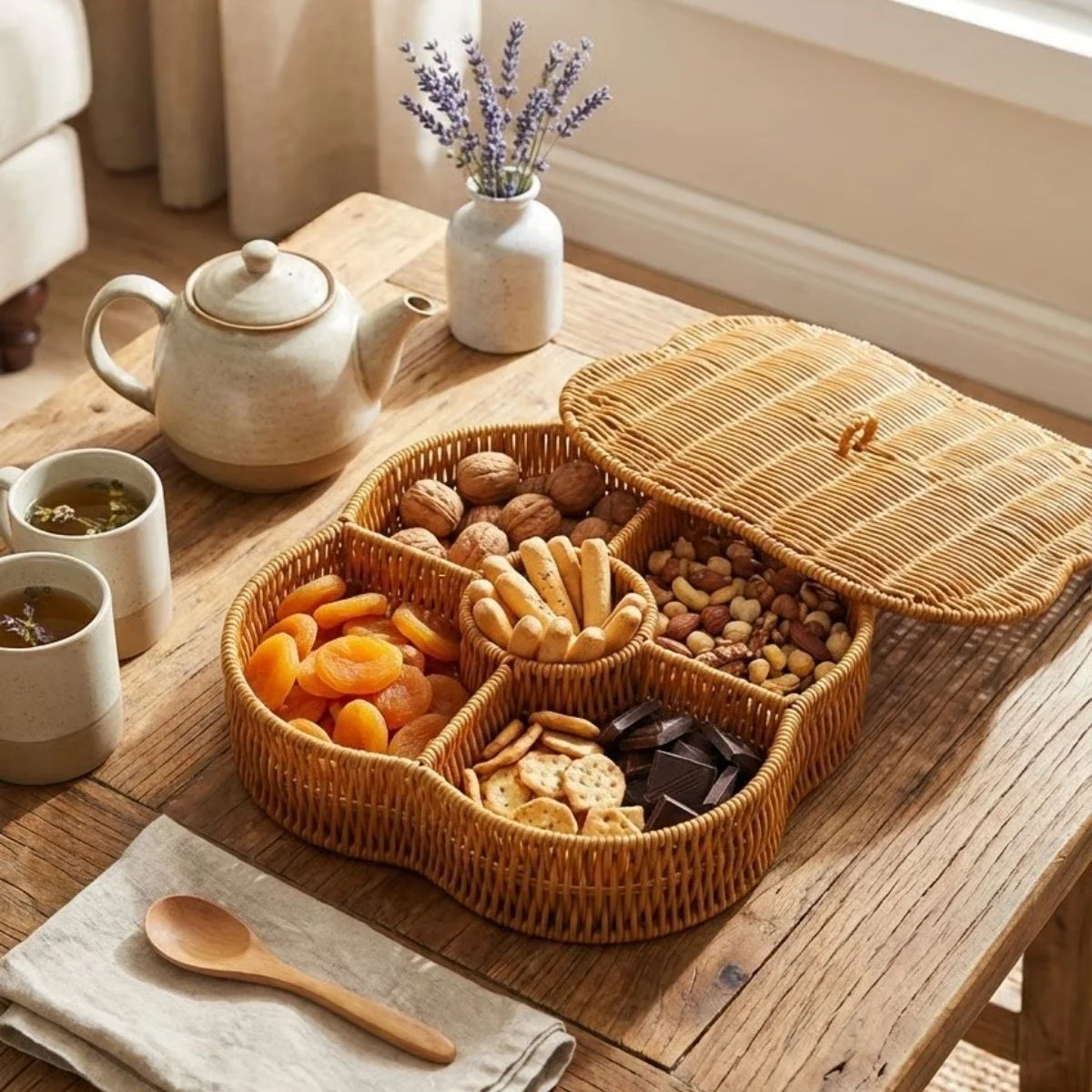 Kapaklı 5 Bölmeli Plastik Rattan Organizer Kutu – Hasır Desenli Çok Amaçlı Saklama Ve Sunum Sepeti Çerezlik Bx40 Fiyatı, Yorumları ve Özellikleri