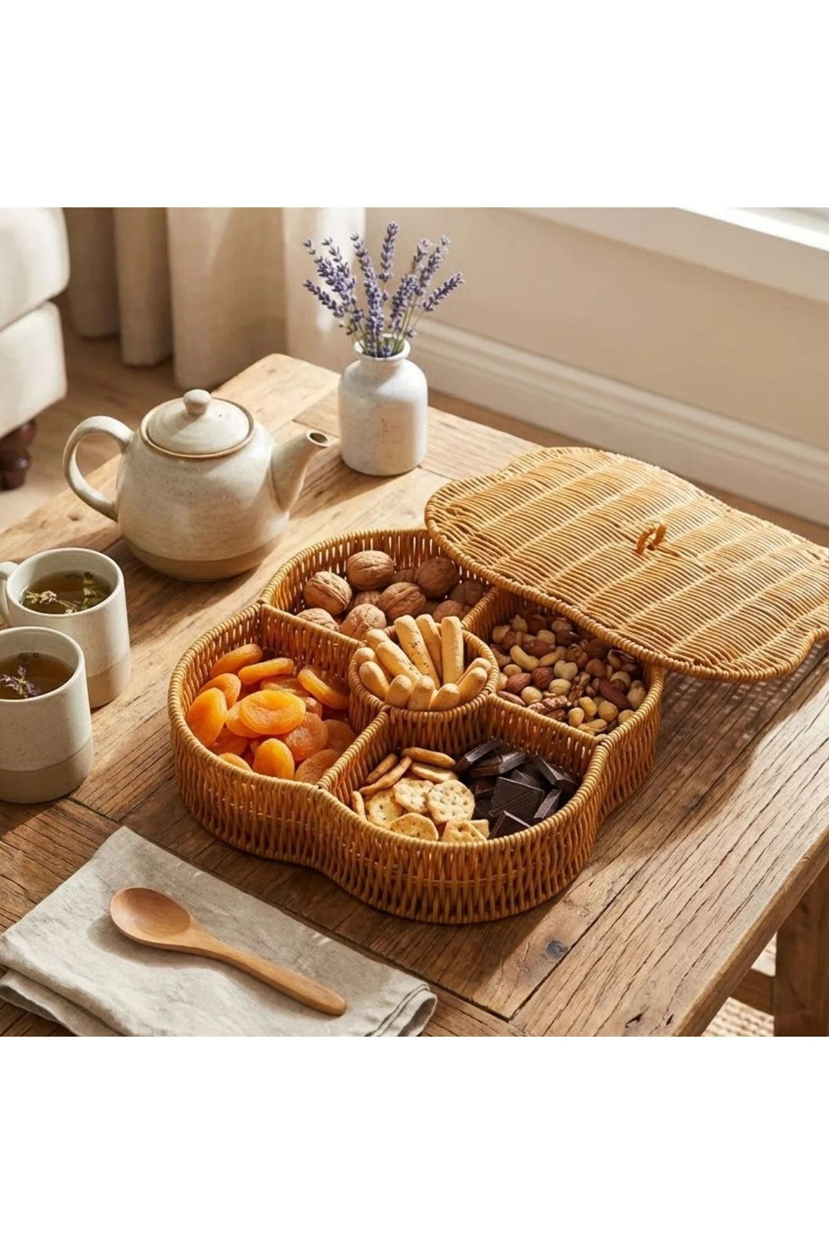 Kapaklı 5 Bölmeli Plastik Rattan Organizer Kutu – Hasır Desenli Çok Amaçlı Saklama ve Sunum Sepeti Ç Kapaklı 5 Bölmeli Plastik Rattan Organizer Kutu – Hasır Desenli Çok Amaçlı Saklama ve Sunum Sepeti Ç