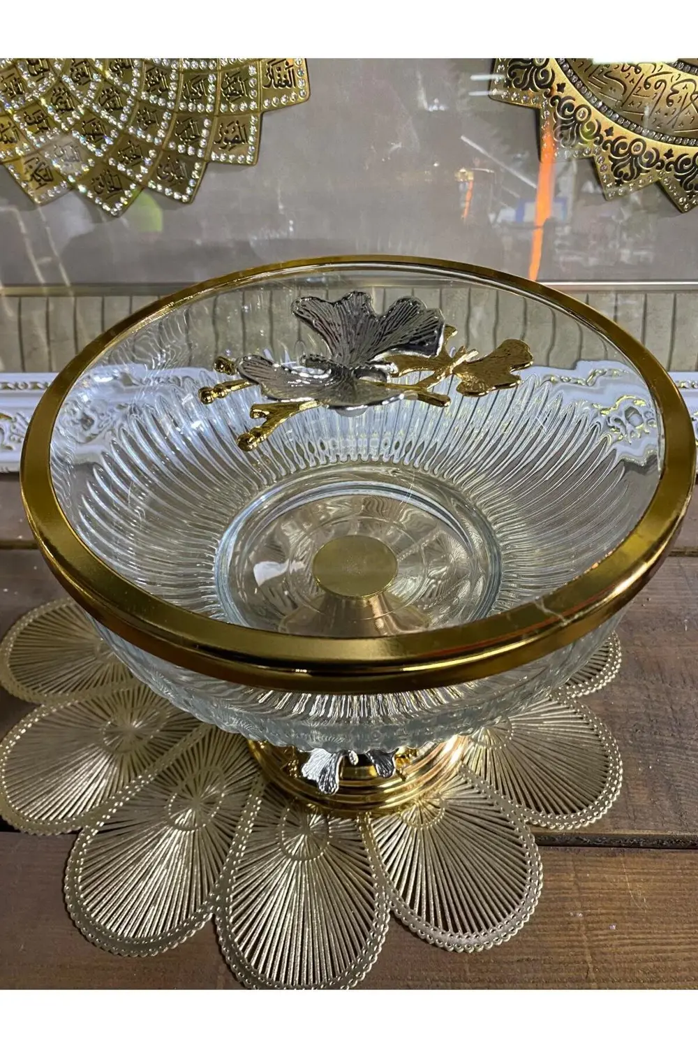 Kapaklı Büyük Ayaklı  Meyvelik  Sunum Tabağı Altın