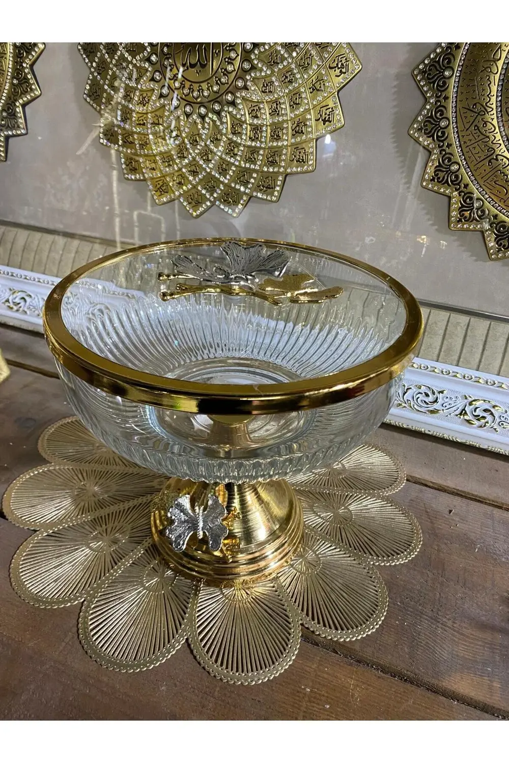 Kapaklı Büyük Ayaklı  Meyvelik  Sunum Tabağı Altın