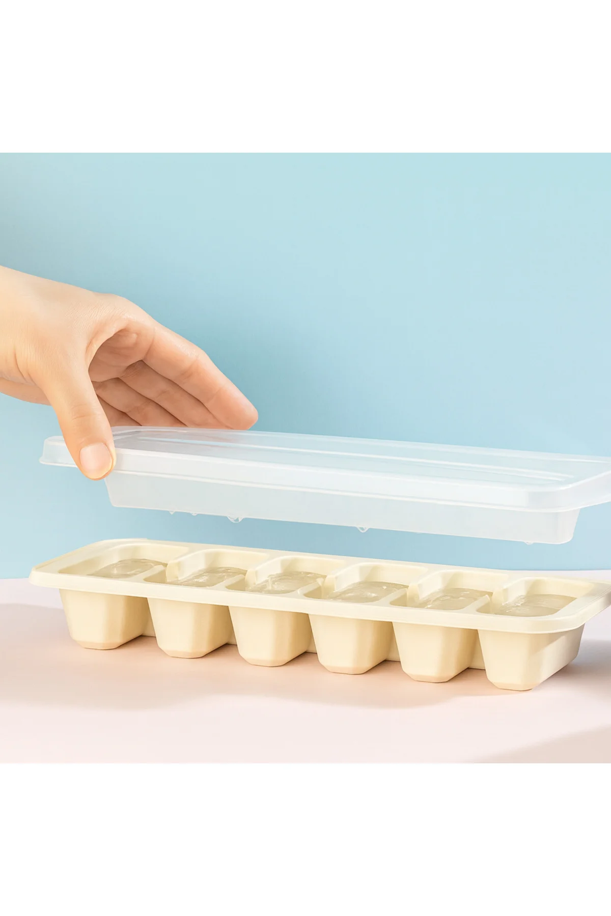 Kapaklı Büyük Boy Buz Kalıbı 12 Gözlü Buzluk Ekru