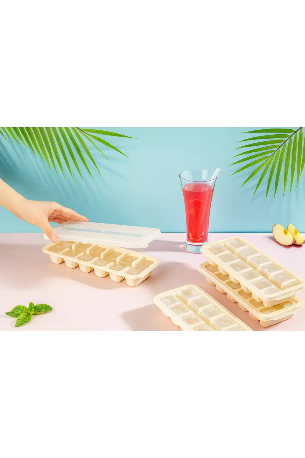 Kapaklı Büyük Boy Buz Kalıbı 12 Gözlü Buzluk Ekru