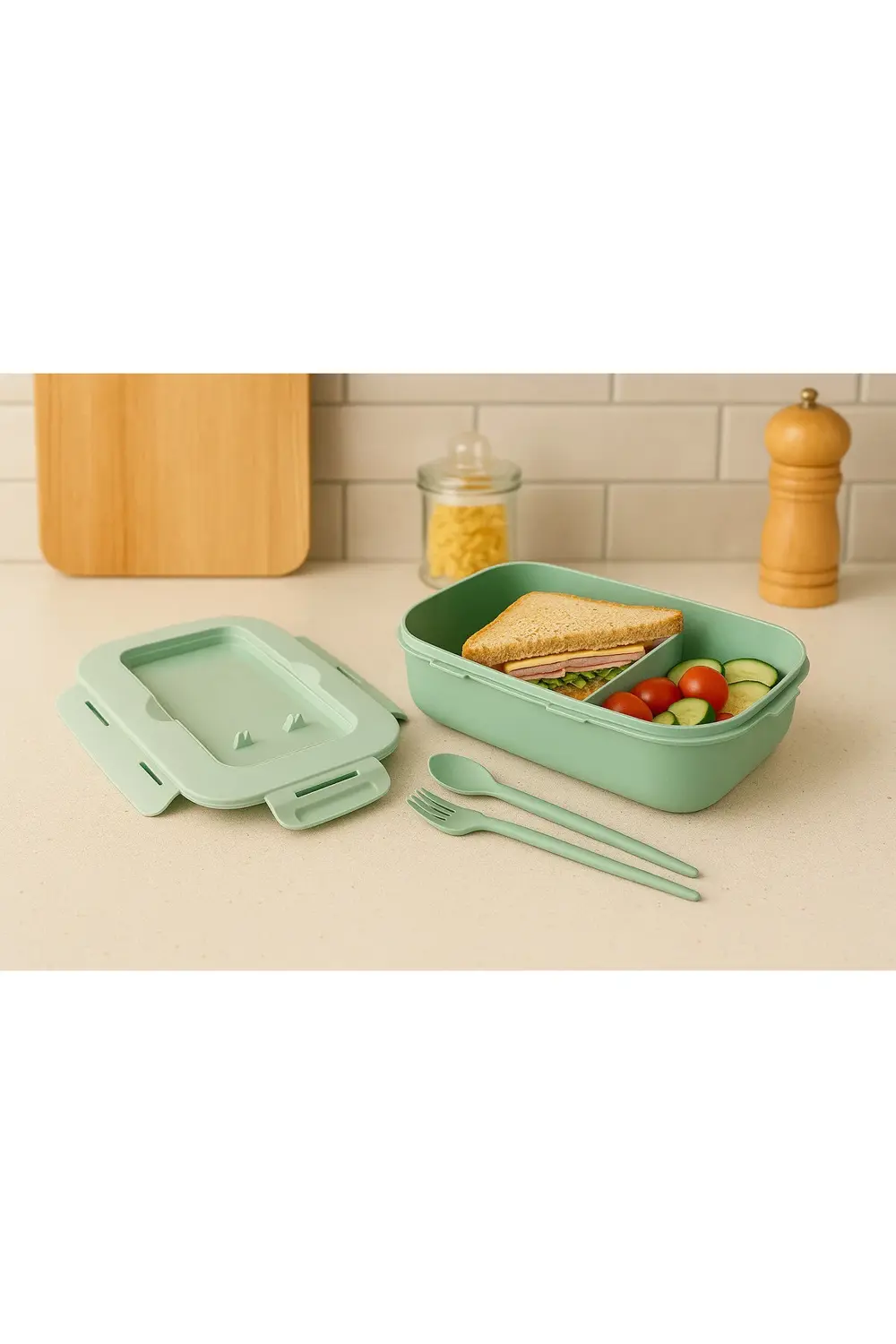 Kapaklı Çatal Kaşıklı Saklama Kabı – 1,1 L – Bölmeli, Sızdırmaz,