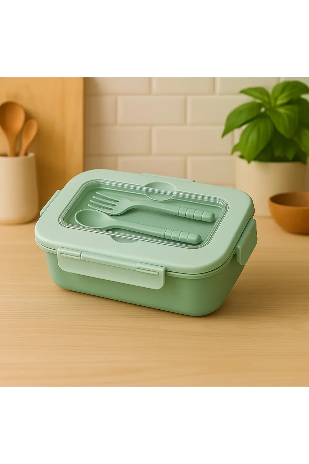 Kapaklı Çatal Kaşıklı Saklama Kabı – 1,1 L – Bölmeli, Sızdırmaz,