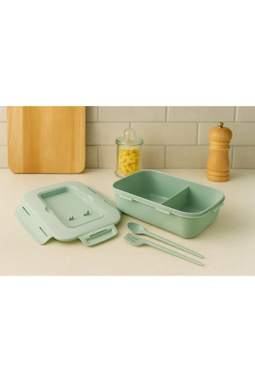 Kapaklı Çatal Kaşıklı Saklama Kabı – 1,1 L – Bölmeli, Sızdırmaz,