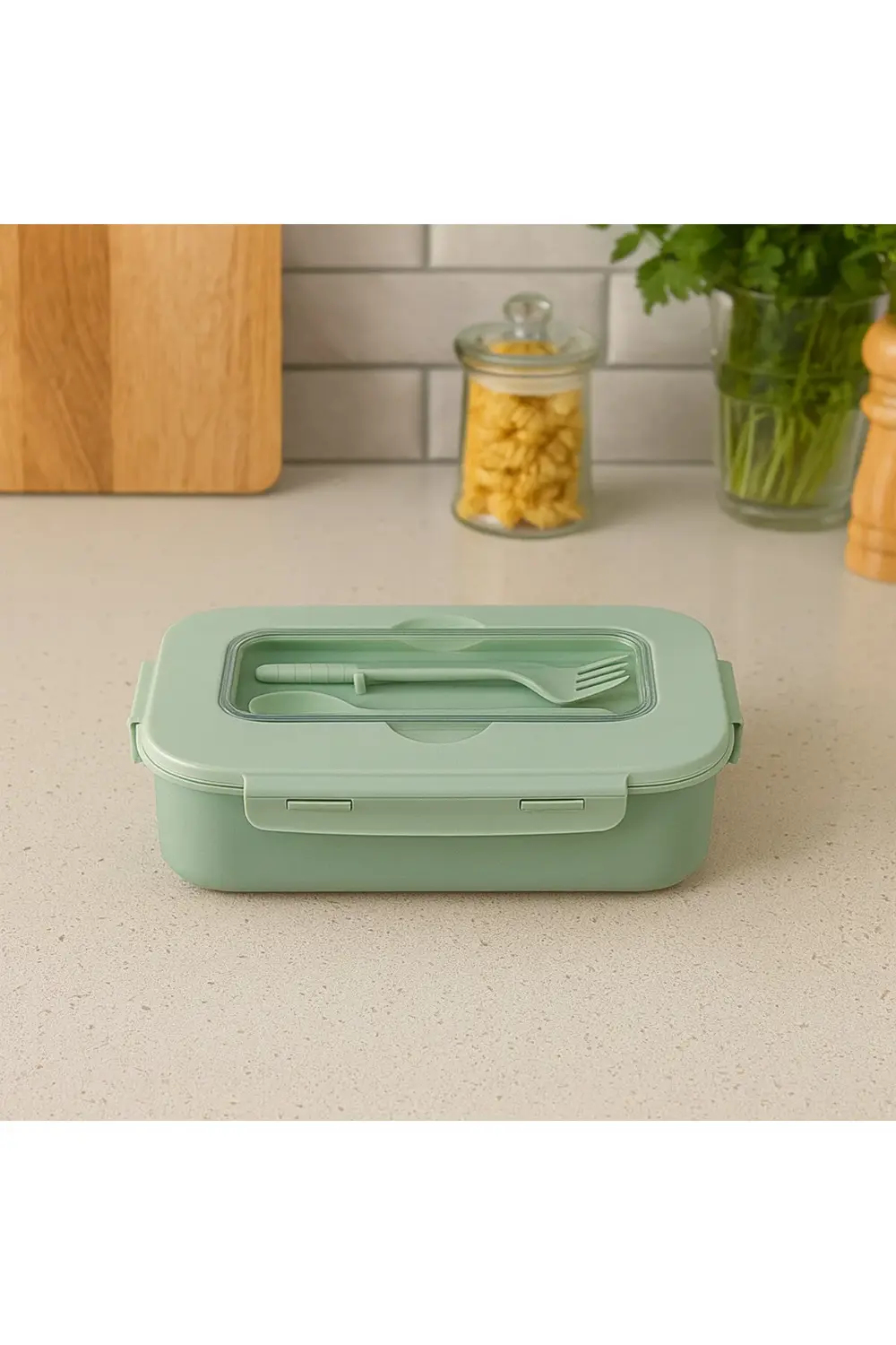 Kapaklı Çatal Kaşıklı Saklama Kabı – 1,1 L – Bölmeli, Sızdırmaz,