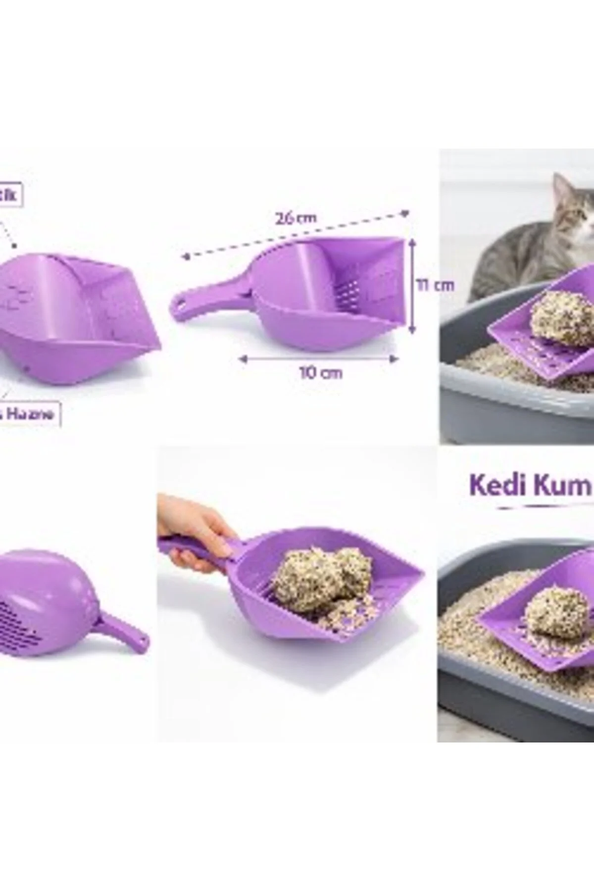 Kapaklı Kedi Kumu Küreği Elekli – Ergonomik Saplı Dalı Plastik Kum Temizleme Küreği 26 cm