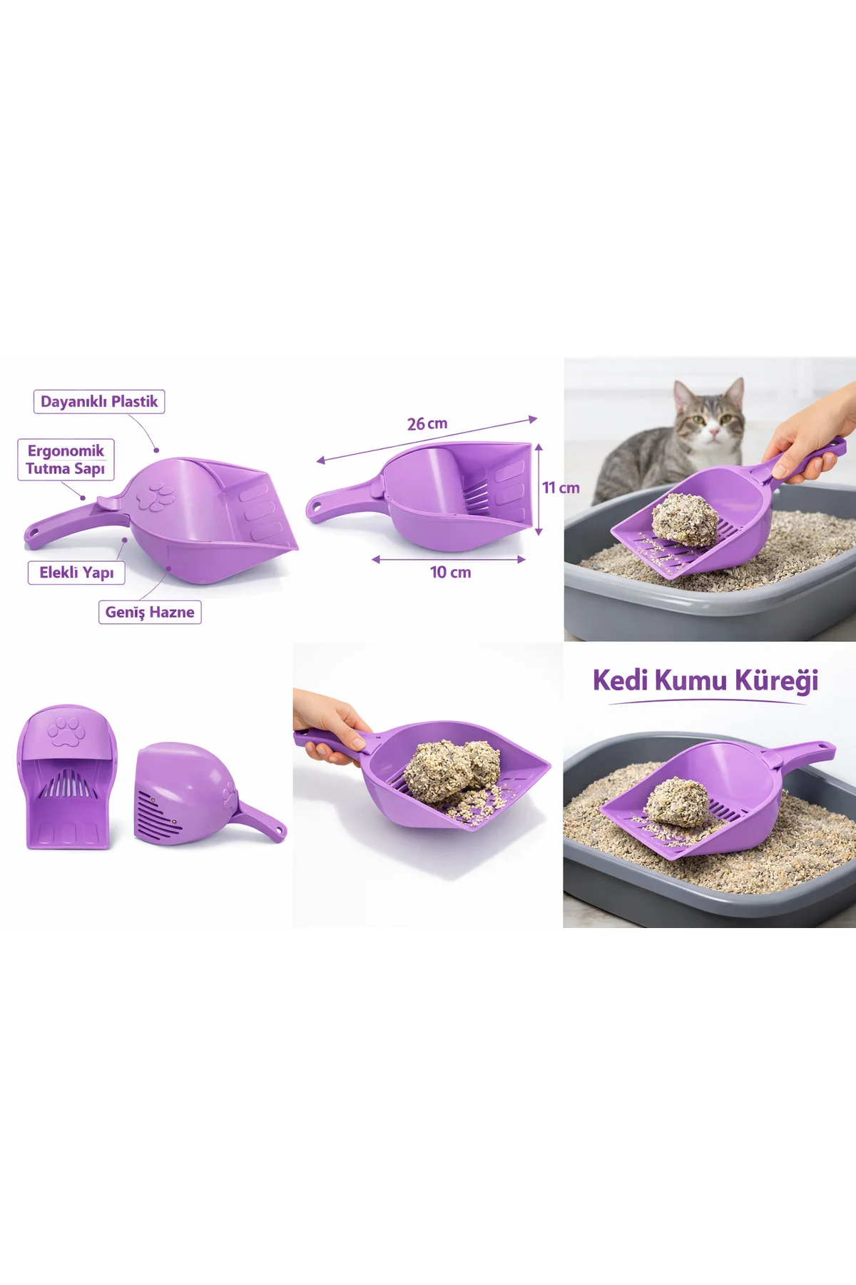 Kapaklı Kedi Kumu Küreği Elekli – Ergonomik Saplı Dalı Plastik Kum Temizleme Küreği 26 cm