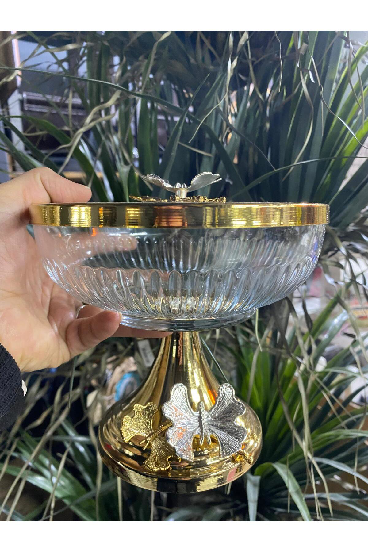 Elif Aksesuar Kapaklı Orta Boy Ayaklı Meyvelik Sunum Tabağı Altın