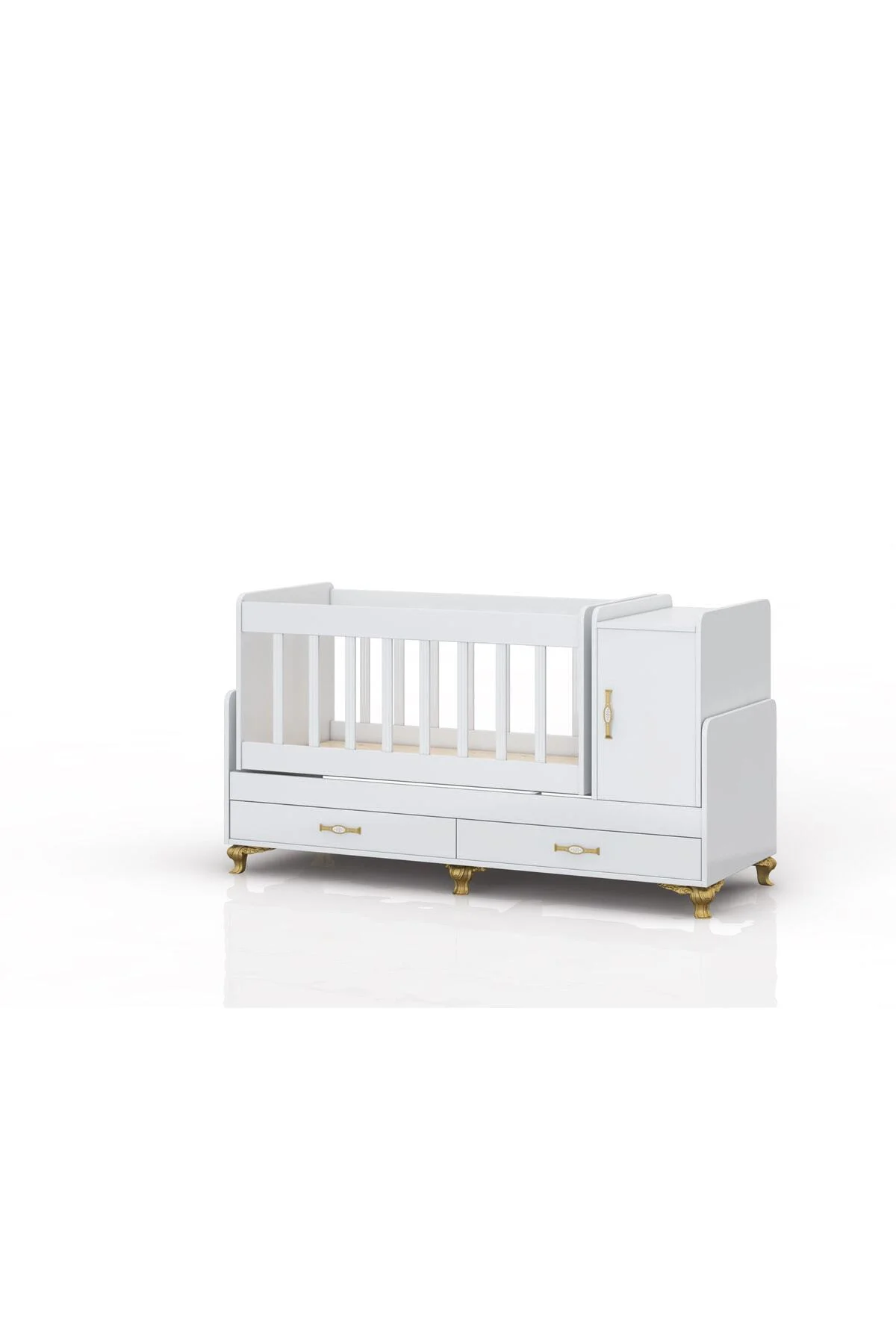 Kapaklı ve Çekmeceli Altın Ayak Detaylı Sallanır Karyola Olabilen Bebek Beşiği 60 X 120