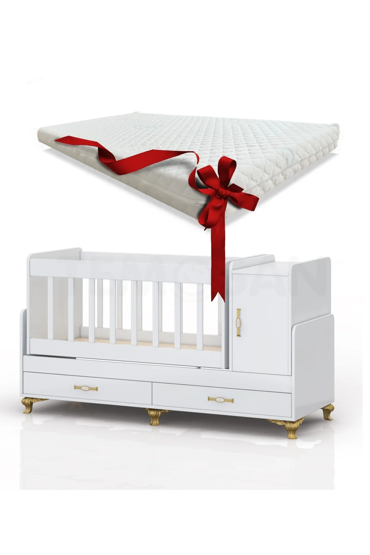 Kapaklı ve Çekmeceli Altın Ayak Detaylı Sallanır Karyola Olabilen Bebek Beşiği 60 X 120