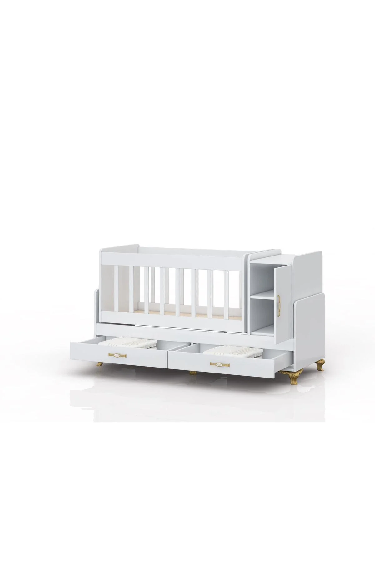 Kapaklı ve Çekmeceli Altın Ayak Detaylı Sallanır Karyola Olabilen Bebek Beşiği 60 X 120