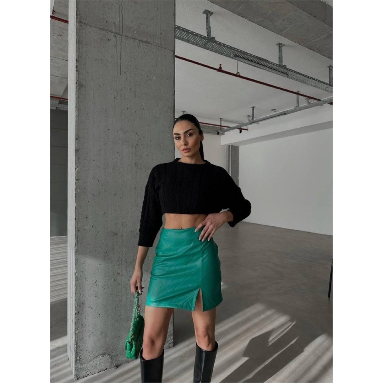 KAPİTONE DERİ ETEK YIRTMAÇLI - Yeşil