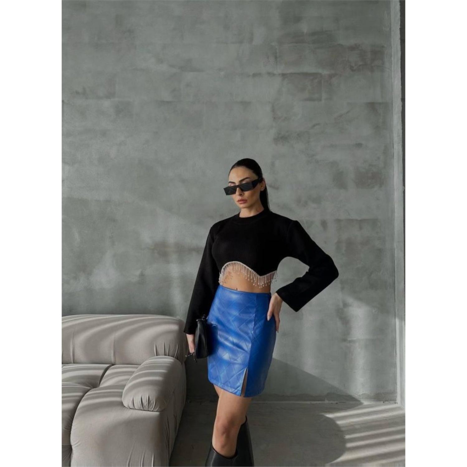 KAPİTONE DERİ ETEK YIRTMAÇLI - Saks