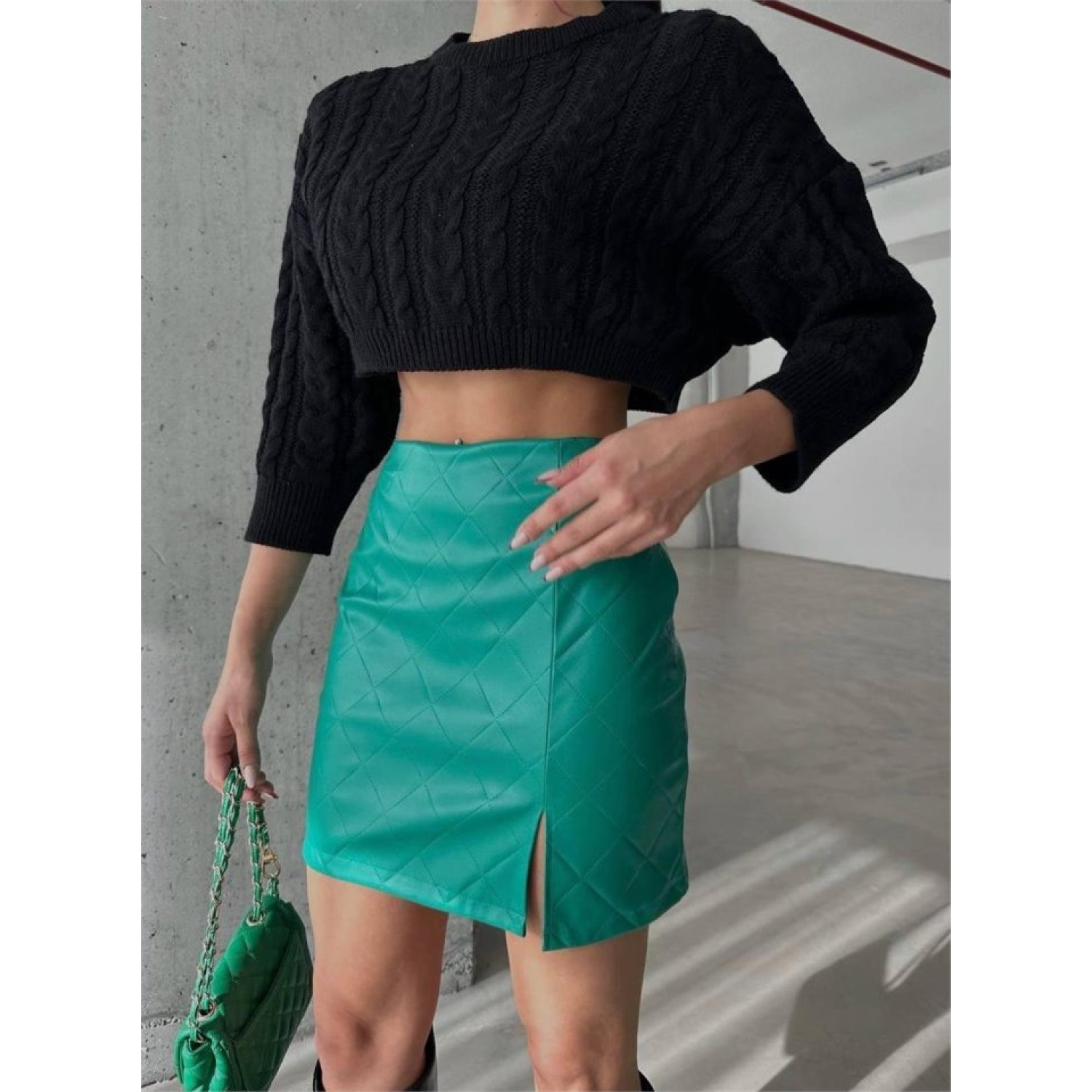 KAPİTONE DERİ ETEK YIRTMAÇLI - Yeşil